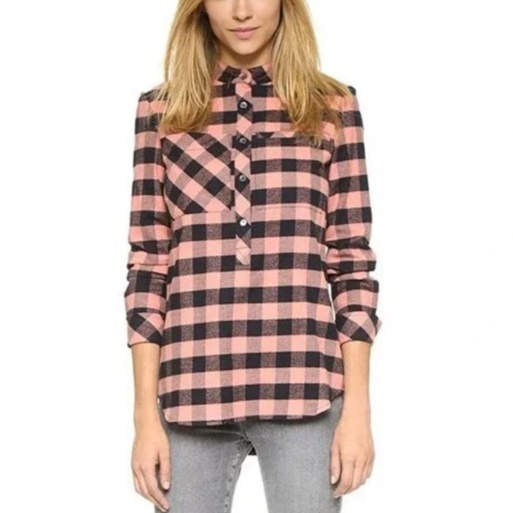 DEREK LAM 10 CROSBY Plaid Flannel Popover, Pink/Peach & Black, 0